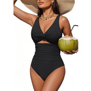 Tempt Me Women One Piece Swimsuits Tummy Control Cutout Bathing Suits Ruched V Neck Twist Front Swimwear (Large, Black)