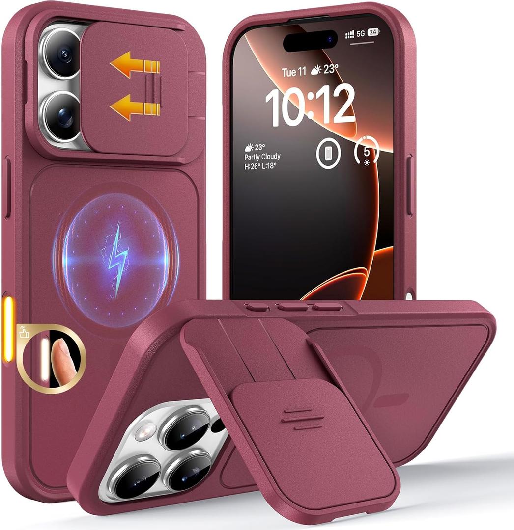 TOCOL for iPhone 16 Pro Case with Slide Camera Cover, Kickstand and Camera Control Button, Fit for MagSafe, Rugged Solid Phone Case, Non-Slip, Drop Protection, Wine