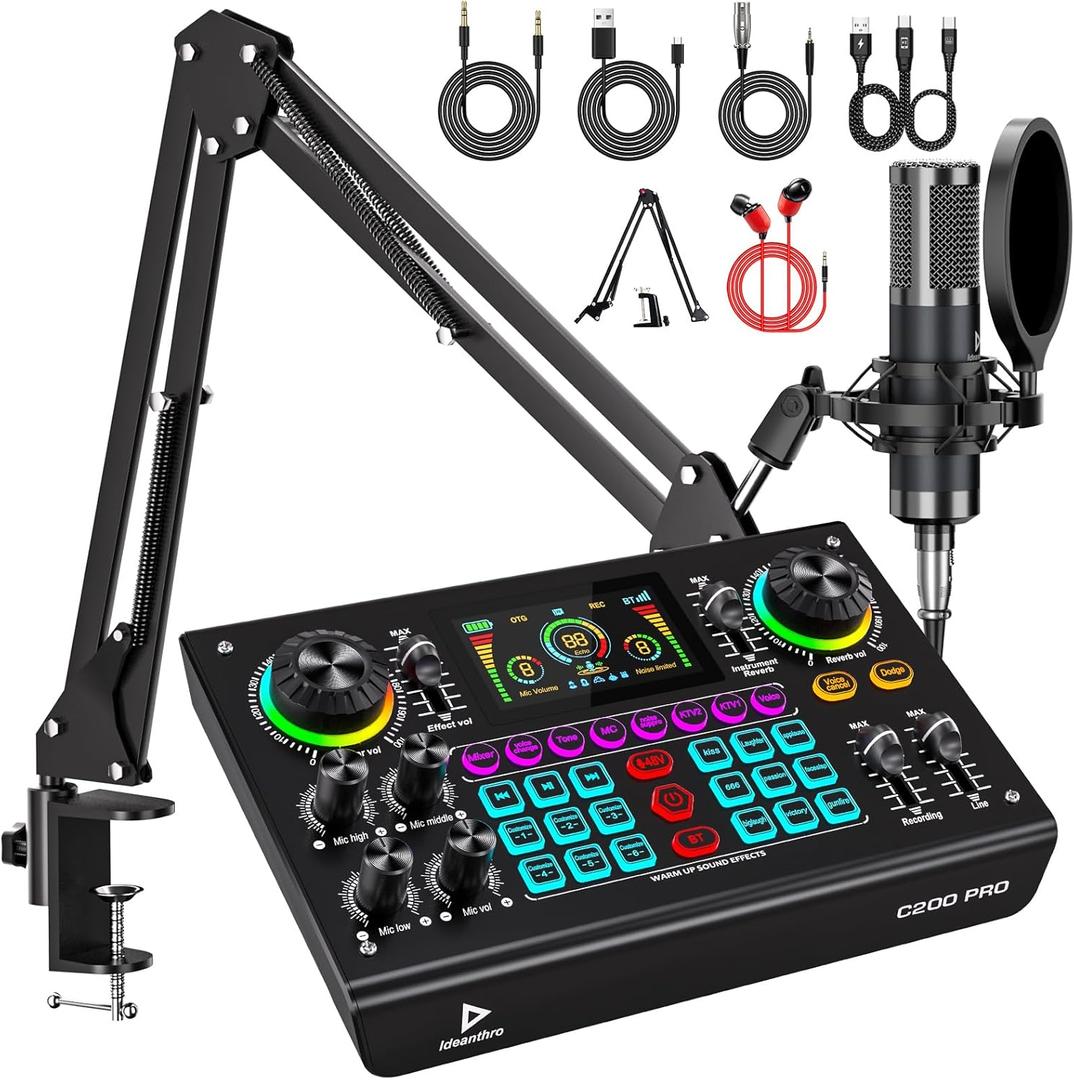 Professional Podcast Bundle with DSP Sound Card and Audio Mixer, 3.5mm Condenser Microphone for Live Streaming, Singing, Recording, and Gaming – Voice Changer, Noise Reduction C200PRO-P15(Cantilever)