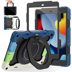 ROISKIN for iPad 10.2 Case 9th 8th 7th Generation with Screen Protector [15ft Drop Protection], 360 Rotating Kickstand Shoulder Strap Hand Grip Pencil Holder Kids Case for iPad 10.2 inch Case (Blue-Black)
