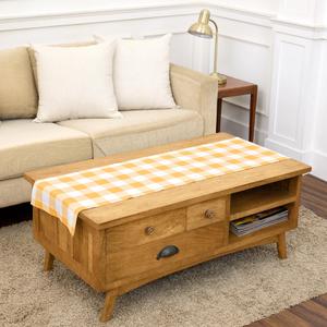 Solino Home Linen Checkered Table Runner 36 Inches - 100% Pure Linen Mustard and White Buffalo Check Table Runner 14 x 36 Inch Ideal for Dresser and Coffee Tables, Summer