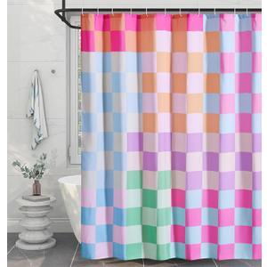 RoomTalks Multicolored Checkered Retro Fabric Shower Curtain for Bathroom, Heavy Duty Pastel Rainbow Colorful Modern Simple Groovy Funky Shower Curtain Set with Hooks Aesthetic Bathroom Decor (72"W x 72"L (Pack of 12), Pastel Colorful)