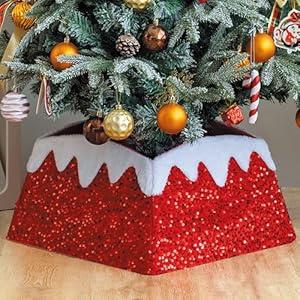 Christmas Tree Collar, 24 Inch Xmas Tree Ring Fabric Square Skirt for Artificial Trees, Snow Cover and Sequin Christmastree Box Collar, Holiday Christmas Home Decor for Decorations (RED)