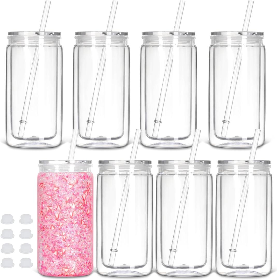 8 Pack plastic Snow Globe Tumbler, 16 Oz Double Wall Plastic Can with Lid and Straw, Plastic Mason Jar Mug for Snow Globe Glitter DIY Gift (Clear)