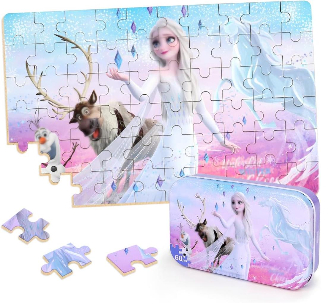 Puzzles for Kids Ages 4-8,Kid Puzzls in a Metal Box,Winter Princess Snowman Deer Horse Small Puzles,Kids Boys Girls Learning Educational Puzzes Packed in Tin Box,60 Pieces