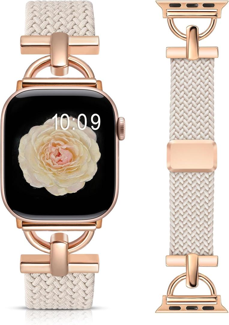 Wearlizer Braided Magnetic Band Compatible with Apple Watch Bands 42/46/38/40/41/44/45/49mm Women Men, Designer D-Shape Stretchy Elastic Nylon Strap for iWatch Series 11 10 9 8 7 6 5 4 SE/Ultra 3 2 1