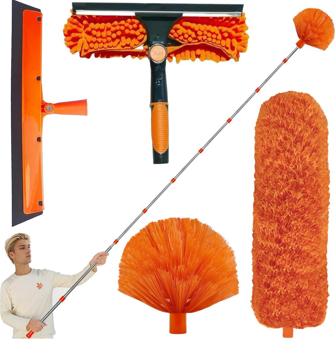 20+ Feet High Reach Duster Kit with 3-14 ft Spliceabl Pole, High Ceiling Dusting and Window Cleaning Kit // Window Washer & Squeegee, Cobweb Duster, Feather Duster for Cobweb & Wall Dust Remover
