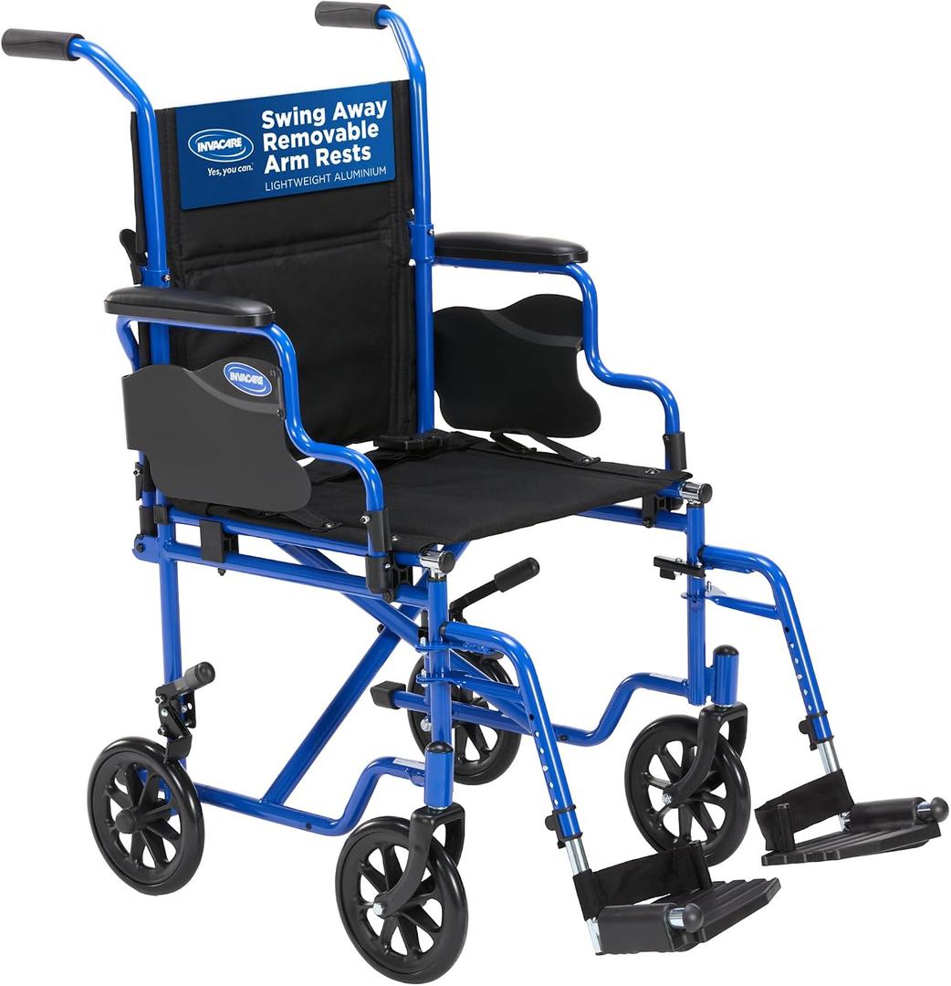 Invacare Ultra-Lightweight Transport Wheelchair for Adults, Compact Aluminum Transfer Chair with Foldable Backrest, Flip-Back & Removable Desk Arms, 19" Seat, Swing-Away Footrests, Blue 