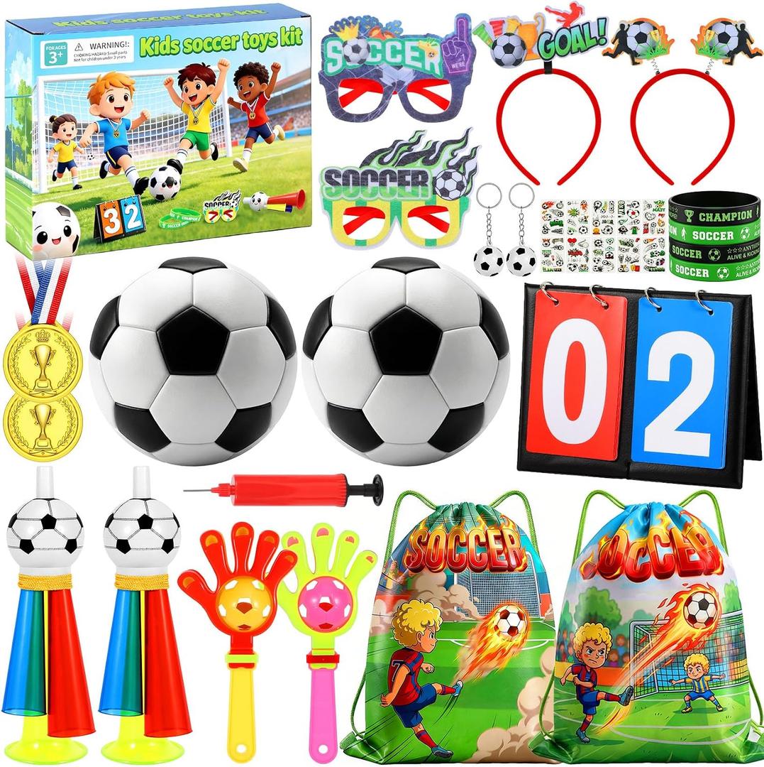 Soccer Party Favors Pack, 30PCS Soccer Game Day Decorations, Kids Soccer Cheer Set with Mini Soccer Balls Horns Scoreboard Medals Headbands, Soccer Birthday Party Supplies Gifts for Boys Girls