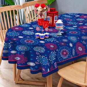 Spring Summer Tablecloth Waterproof Fabric Oblong Oval Tablecloths, 4th of July Tablecloth Oval 54 x 72 Patriotic Red White and Blue for Independence Day Memorial Day Veterans Day