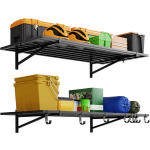 Garage Wall Shelving with 8 Hooks, 2-Pack Garage Shelving Wall Mounted, 2x4ft Heavy-Duty Floating Storage Racks, 220 lbs Capacity Each, Space-Saving Shelves for Warehouse, Storage Room, Black