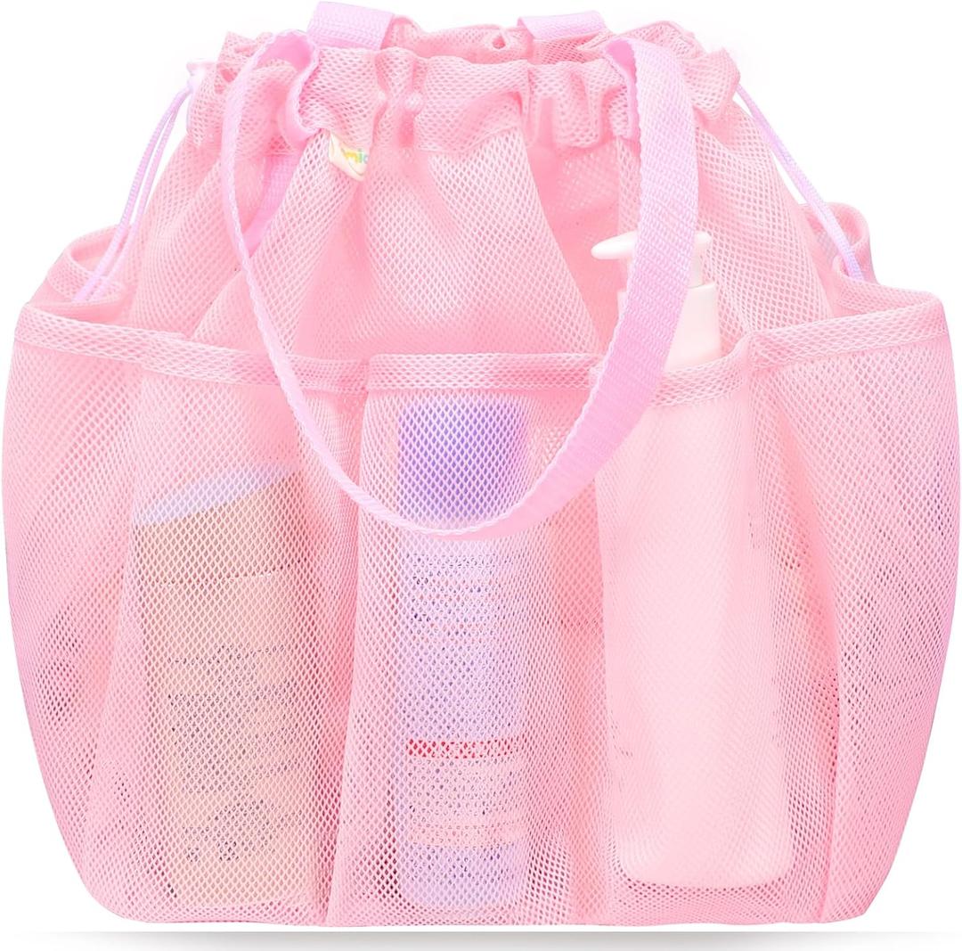 famichan Mesh Shower Caddy Portable with Drawstring, Dorm Room Essentials for College Students Girls, Large Shower Bag for Camping,Swimming,Gym,Travel,Bathroom - Pink