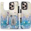 LETO for iPhone 16 Pro Wallet Case - Flip Folio Leather Kickstand - Fashionable Flower Designs - Credit Card Holder - Protective Phone Cover for Women and Girls - 6.3" - White Flowers Blue Purple