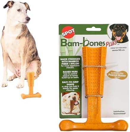 SPOT Bam-Bones Plus T Bone - Bamboo Fiber & Nylon, Durable Long Lasting Dog Chew for Aggressive Chewers – Toy for Dogs & Puppies Under 90lbs, Non-Splintering, 7in, Allergen Free Peanut Butter Flavor