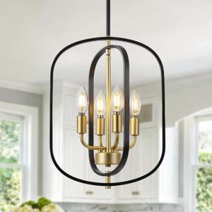 ACNKTZ Small Black and Gold Chandelier for Foyer, 4-Light Geometric Metal Entryway Light Fixture Hanging, Modern Farmhouse Pendant Lighting for Kitchen Island Breakfast Nook Bedroom Stairway Office