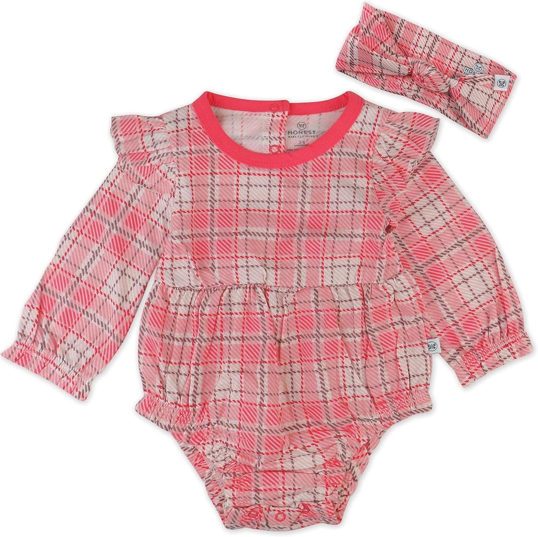 HonestBaby Bubble Romper and Headband Set Organic Cotton for Infant Baby and Toddler Boys, Girls, Unisex (Newborn, 2-pack Romantic Plaid)