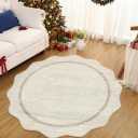 GarveeHome Scalloped Washable Round Rugs, Non-Slip Soft Round Rug 4 ft Ultra-Thin, Small Boho Circle Stain Resistant Low Pile Carpet for Entryway Kitchen Bedroom Nursery Bathroom, Beige