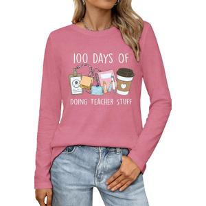 100 Days of School Shirt Teacher School Days Long Sleeve Shirts Funny 100 Days Celebration Tee Tops (Pink, L)