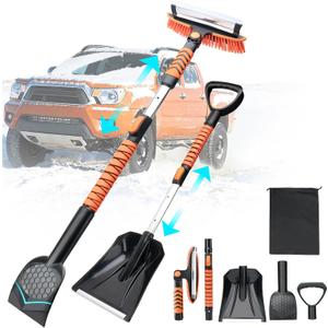 43.3'' Snow Shovel & Snow Brush with Ice Scrapers for Car Windshield,5-in-1 Extendable Thicken Aluminum Tube,180 Pivoting Brush Head & Foam Grip for Christmas, Cars, Trucks, SUVs, Vehicle(Orange