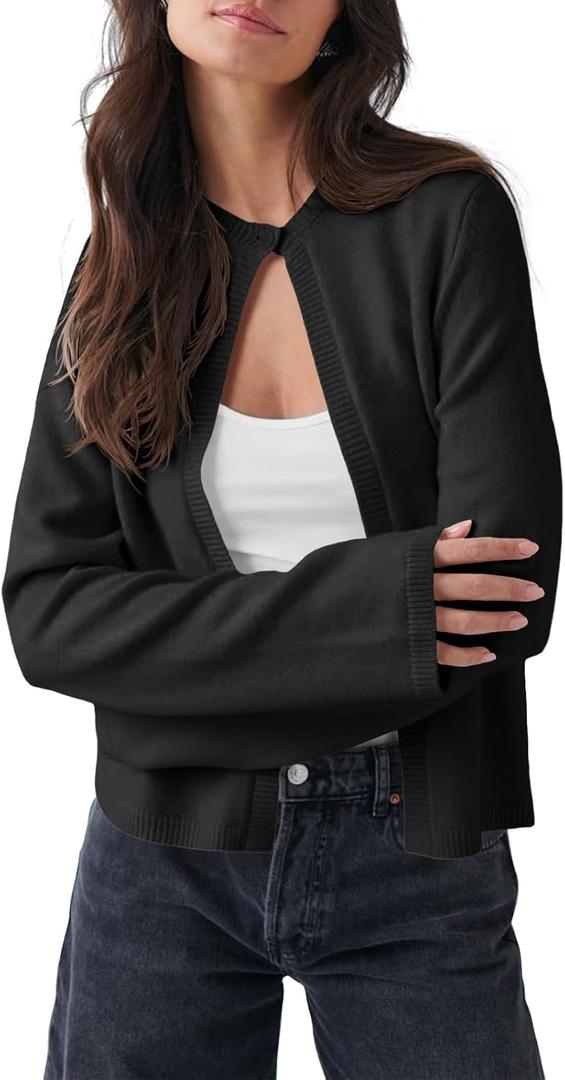 Saodimallsu Womens Lightweight Cardigans Open Front Long Sleeve One Button Casual Crewneck Loose Knit Shrug Sweater (Black, L)