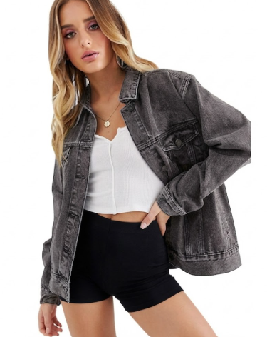 Cantonwalker Women's Oversize Vintage Washed Boyfriend Denim Jacket Long Sleeve Classic Loose Jean Trucker Jacket, Grey, Small