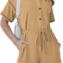 Dokotoo Womens 2025 Summer Casual Button Up Short Sleeve Drawstring Waist Shorts Jumpsuits Striped Rompers with Pockets (Brown, L)
