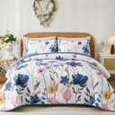 Anibedding Dark Blue Quilt Set King, Floral Bedspread Soft Microfiber Lightweight King Size Quilt Bedding Sets Flower Coverlet for All Season(King, 104"x90")