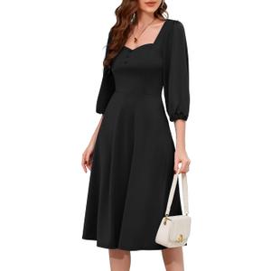 Meetjen Women's Vintage Cocktail Dress 3/4 Sleeves A-Line Sweetheart Church Tea Party Midi Dresses for Wedding Guest, Size M