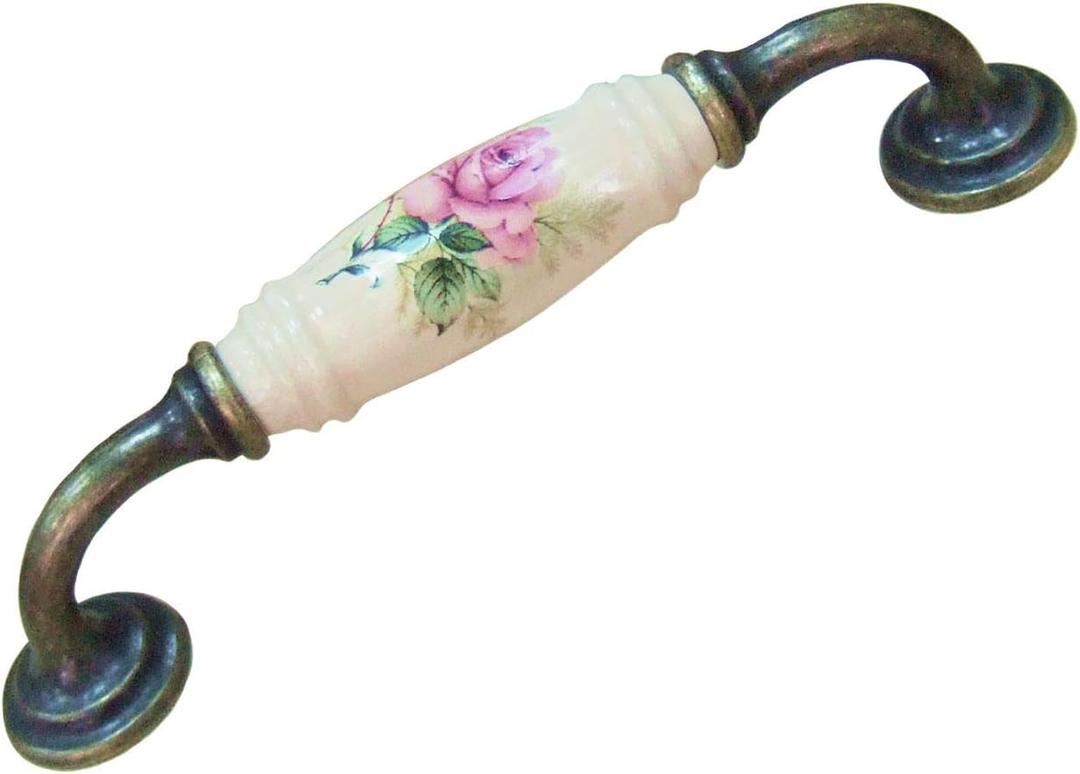Blockstool Vintage 128mm Ceramic Flower Roses Handle Knobs Cabinet Drawer Pulls, Pack of 4 (Beige)