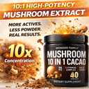 Instant Mushroom Powder 10:1 Cordyceps Mushroom Supplement with Reishi, Chaga & Shiitake Caffeine-Free Nighttime Drink with B6, B12, D + Probiotics Mushroom Cacao Organic Blend (No Sweetener)