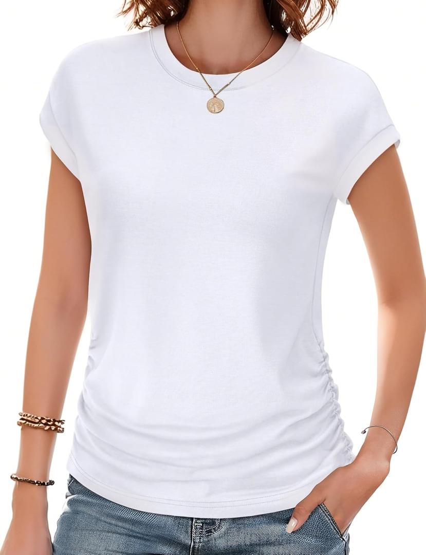 Trendy Womens Summer Tops 2026- Chic Ruched Short-Sleeve Crewneck T Shirts Fashionable Casual Wear (White, S)