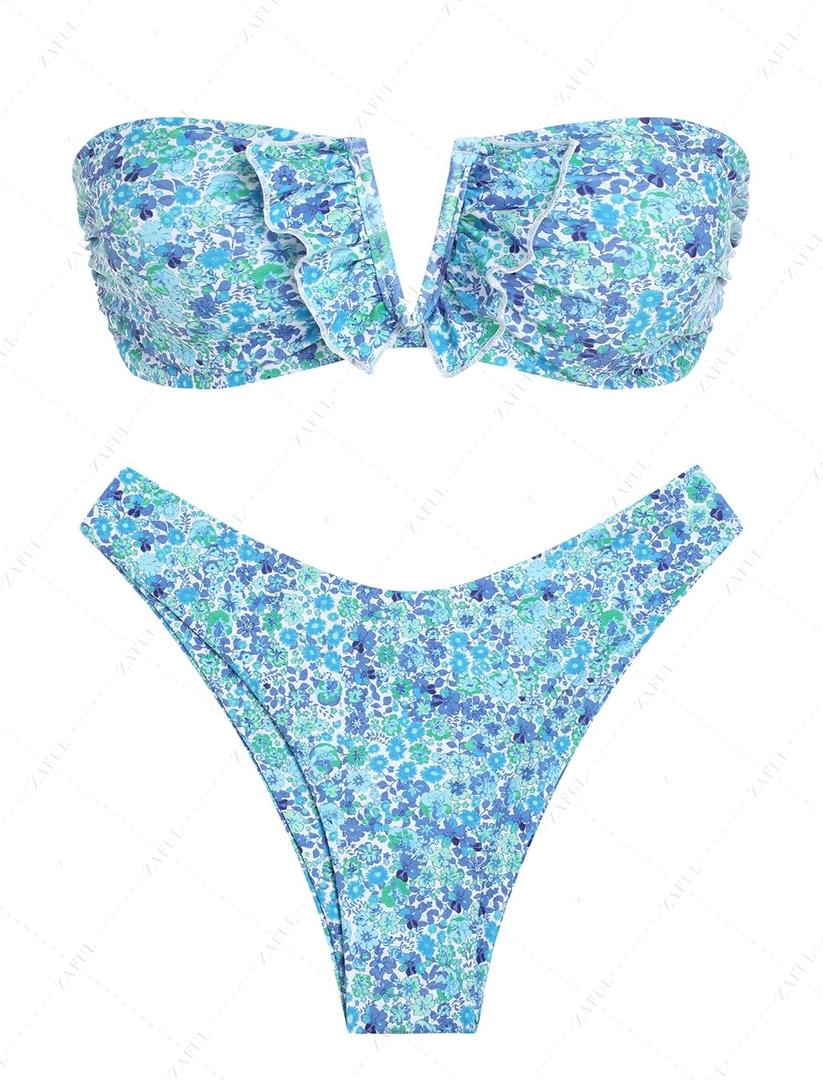 ZAFUL Women's Strapless Ribbed V Wired Lace Up Ruffle Tie High Cut Bandeau Swimsuits Bikini Set (Medium, Blue)