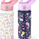 Fimibuke Kids Insulated Water Bottle, 18oz BPA FREE Kids Cup with Straw Double Wall Vacuum Tumbler 18/8 Stainless Steel Leak Proof Toddler Water Bottle for School Boys Girls (2 Pack, Rainbow/Mermaid)