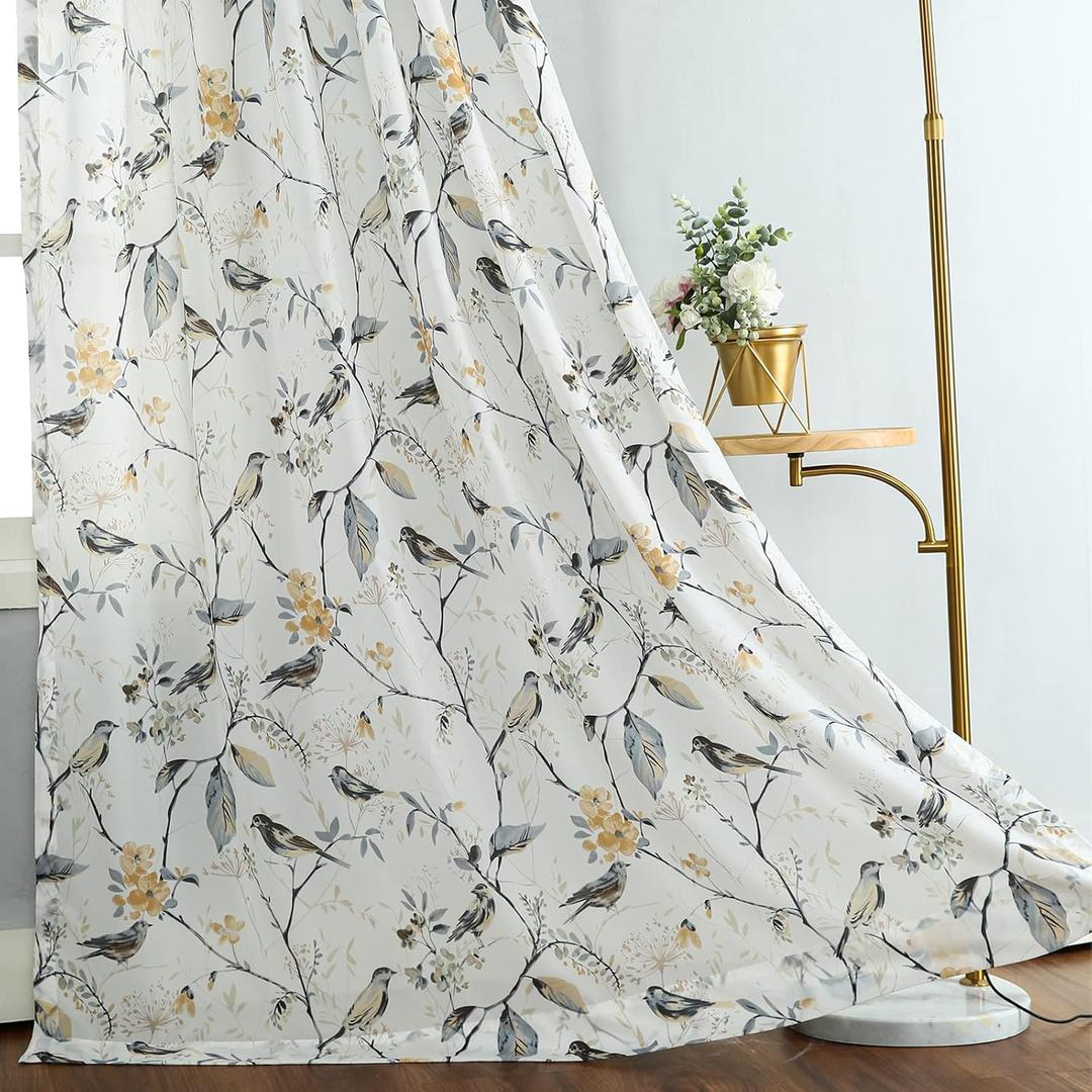 VOGOL 84 Inch Long Sheer Curtains, Semi Sheer Botanical Curtain Draperies for Living Room Bedroom, Grey Birds & Flowers Printed Window Treatment with Rod Pocket, 1 Panel
