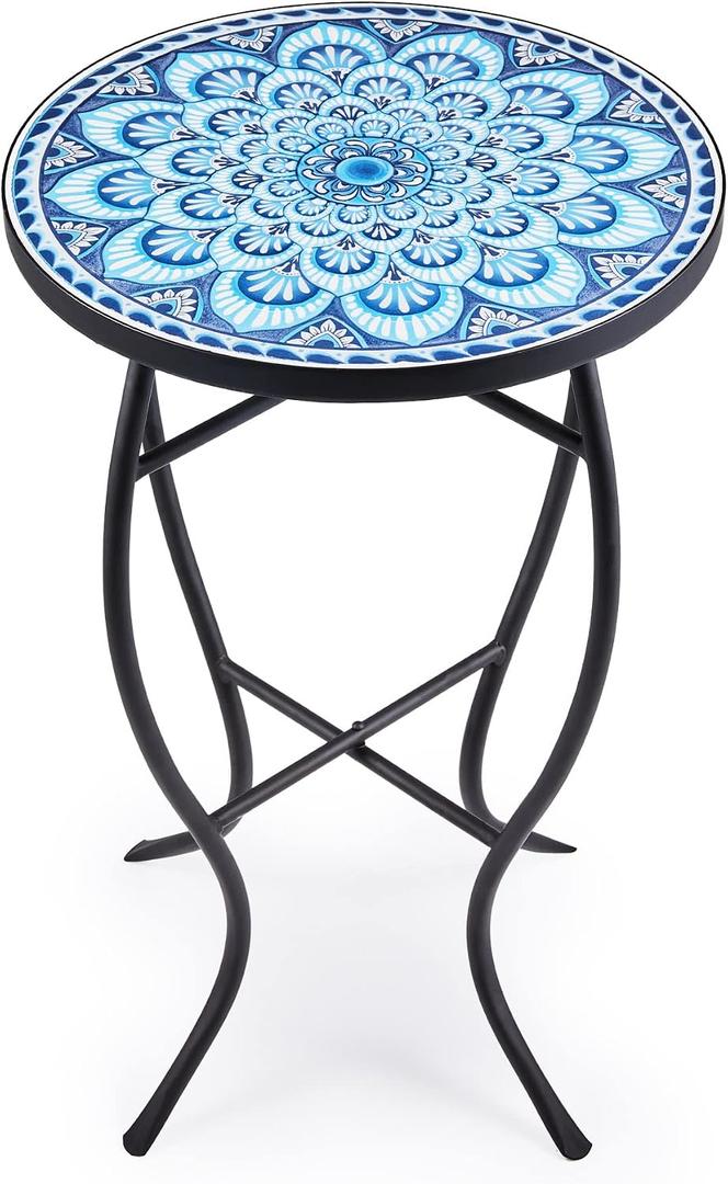VONLUCE Mosaic Side Table and Plant Stand, 21" Round End Table with 14" Ceramic Tile Top, Indoor & Outdoor Accent Table, Porch Patio Furniture, Entryway & Coffee Table for Home & Garden, Blue Mandala