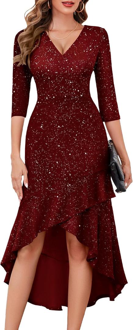 BeryLove Cocktail Summer Prom Dress for Women Evening Sequin Glitter 3/4 Sleeve Party Ruffle Elegant High Low Sparkly Gowns 7065 Burgundy L