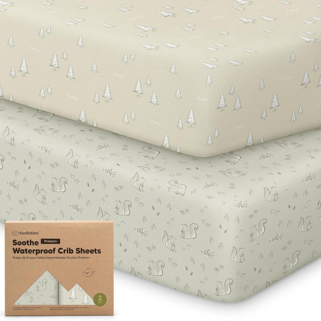 2-Pack Waterproof Crib Sheets for Boys, Girls - 52x28 Fitted Organic Cotton Baby Crib Sheets, Toddler Mattress Protector Cover, Washable, Soft & Durable Baby Bedding Essentials (Pine Grove)