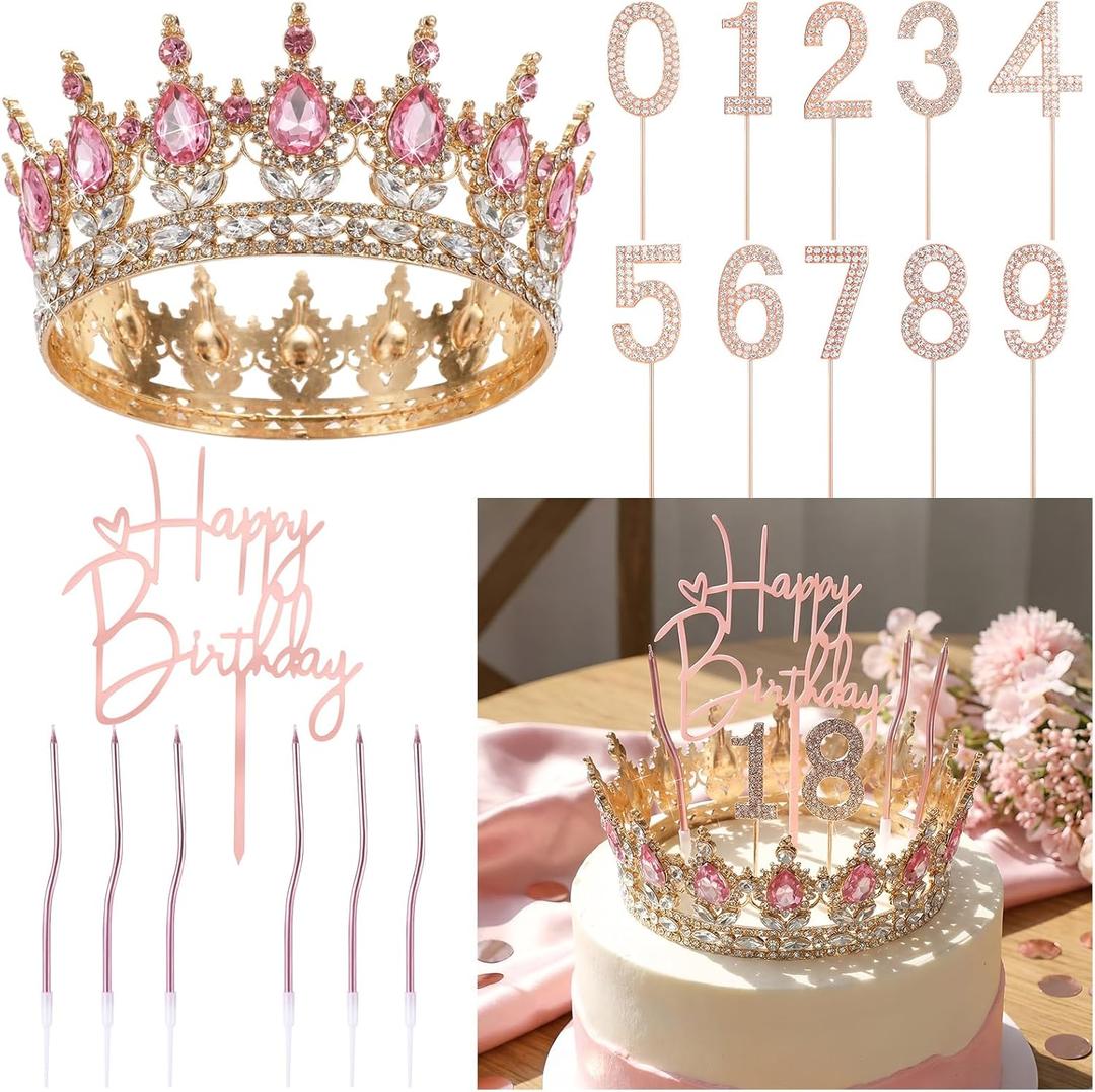 Quelay 13 Pcs Happy Birthday Cake Topper Decorations Set Queen Crown Rhinestone Princess Tiara Cake Topper Numbers Candles 0-9 Happy Birthday Decor for Women Wedding Anniversary Party Supplies(Pink)