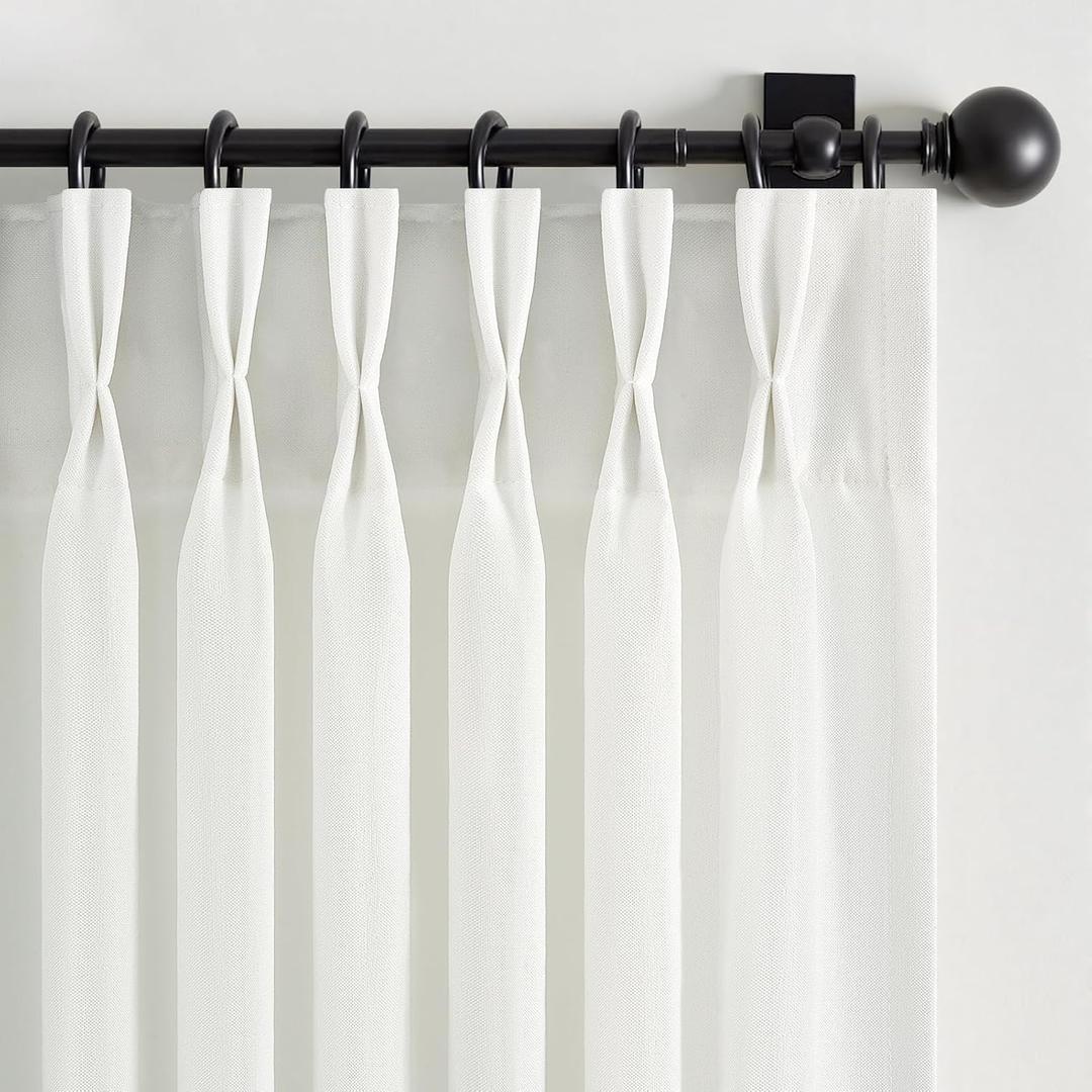 Pinch Pleated Beige White Semi Sheer Curtains 90 Inches Long,Light Filtering Linen Blend Neutral American Farmhouse Curtains with Hooks for Living Room Window Drapes 90 inch Length 2 Panels Set