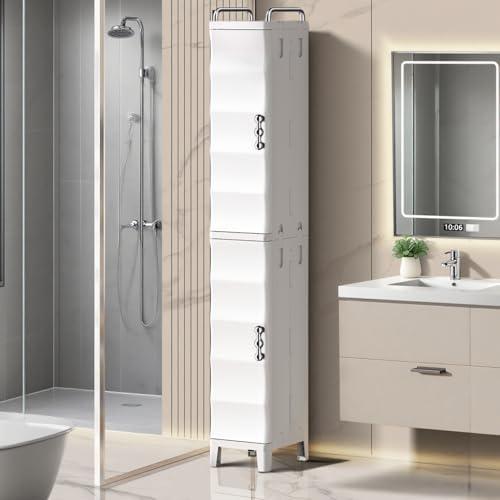 KINDLYF 52.76" Tall Narrow Bathroom Storage Cabinet with Doors and Adjustable Shelves Plastic Slim Bathroom Storage Organizers Small Space Saver for Laundry Room Dorm Kitchen Quick Assembly, White