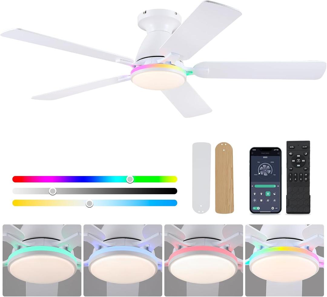 Ceiling Fans with Lights- 52" RGB Low Profile Indoor Ceiling Fan with Light and Remote/APP Control, Flush Mount, LED Dimmable DC Reversible Modern Ceiling Fan for BedroomWhite