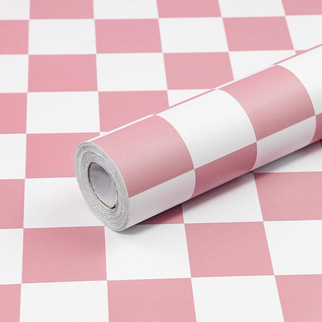 CAX Checkerboard Peel and Stick Wallpaper 17.3"x120"Pink and White Contact Paper Self-Adhesive Removable Vinyl Roll Waterproof Checkered Wallpaper for Bathroom Cabinets Shelf