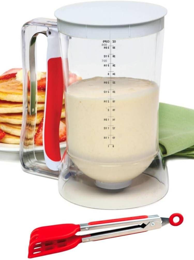 Waffles Batter Dispenser n Waffle Tongs Combo Set,Get Perfectly Fluffy Waffles Every Time! Batter Measuring Separator for Pancakes, Cupcake, Muffin Quick Filling Cookie Batter (White)