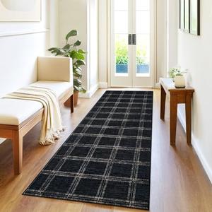 MilleLoom Washable Checkered 2x6 Kitchen Rugs, Checkered Plaid Non Slip Hallway Runner, Low Pile Stain Resistant Geometric Throw Carpet for Entryway Laundry Bathroom, Gray