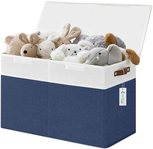 Bagnizer Large Toy Storage Box with Lids, Collapsible Sturdy Baby Storage Organizer Chest Bin Basket for Kids, Boys, Girls, Playroom, Nursery, Bedroom, Closet 25"x13"x16" (Navy Blue and White)