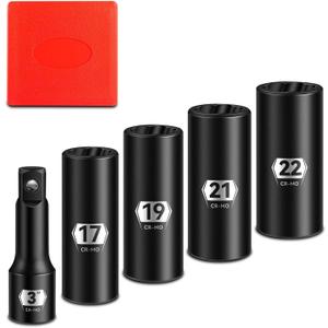 BLACKROBOT 5-Piece 1/2" Drive Lug Nut Removal Tool, 6 Point & Twist Lug Nut Extractor, Impact Flip Socket Set (17mm, 19mm, 21mm, 22mm) with 3" Extension Bar, CR-MO Steel