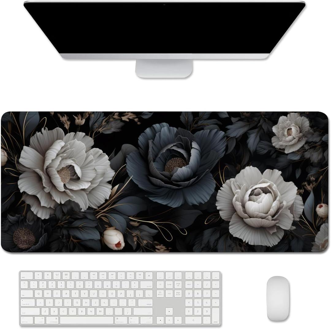 Black and White Mouse Pad,Floral Mouse Pad Desk Mat,Large Mousepad