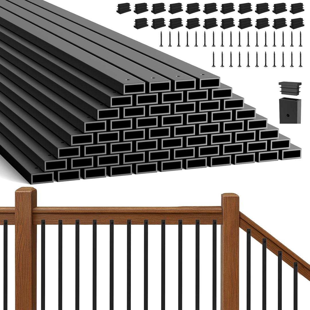 60Pack Deck Balusters 32" Black Metal Deck Railing, Rectangular Deck Spindles, Rust-Resistant for Straight & Curved Railings Indoor Outdoor Railing