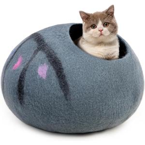 Woolygon Premium Felt Cat Cave Bed  Wool Kitty Beds Handcrafted Kitten Caves Bed for Indoor Cats - Made from 100% Eco-Friendly Merino Wool, Foldable Cat Hidewawy Covered Cat Houses (Enchanted Tree) (Medium)