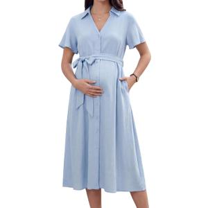 OUGES Women's Summer Maternity Dress Collar V Neck Button Down Tie Waist Casual Midi Dresses with Pockets 2026 (Blue, M)